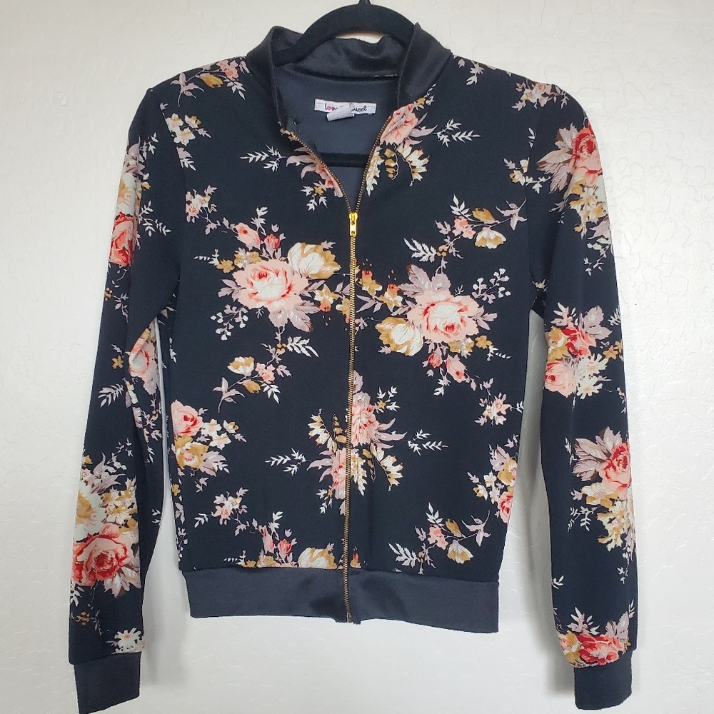 Black Floral Long Sleeve Zip Up Light Jacket Juniors Women's Medium